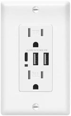 USB Wall Outlets, 6.0A Charging Power Outlet with Type A & Type C Ports, 15 Amp Tamper Resistant Receptacle with 3 USB Ports, Wall Plate Included, UL & FCC Listed, White USB Wall Outlets, 6.0A Charging Power Outlet with Type A & Type C Ports, 15 Amp Tamper Resistant Receptacle with 3 USB Ports, Wall Plate Included, UL & FCC Listed, White