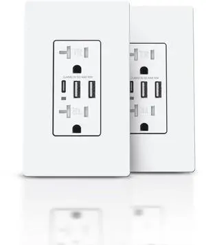 USB C Wall Outlet, 6.0Amp 30W Electrical Socket with USB A&C Ports, 20A Duplex Tamper Resistant Receptacle Plug, Screwless Plate Include, UL & FCC Listed, 2 Pack, White USB C Wall Outlet, 6.0Amp 30W Electrical Socket with USB A&C Ports, 20A Duplex Tamper Resistant Receptacle Plug, Screwless Plate Include, UL & FCC Listed, 2 Pack, White