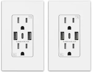 USB C Wall Outlets with 3-Ports, 15 Amp Outlets with USB Ports, Tamper-Resistant USB Outlet, Wall Plate Included, Matte White, UL Listed, 2 Pack USB C Wall Outlets with 3-Ports, 15 Amp Outlets with USB Ports, Tamper-Resistant USB Outlet, Wall Plate Included, Matte White, UL Listed, 2 Pack