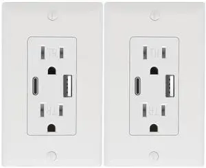 2 Pack - Wall Outlet 15 Amp, UL Listed, USB C & USB A Port, Self-Test with LED Indicator, Tamper-Resistant Receptacle with Decor Wall Plates and Screws (White) 2 Pack - Wall Outlet 15 Amp, UL Listed, USB C & USB A Port, Self-Test with LED Indicator, Tamper-Resistant Receptacle with Decor Wall Plates and Screws (White)