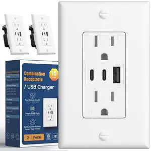 6.0A USB Outlet 2 Pack, 3-Port 30W Wall Outlets with 2 Type C & 1 Type A, 15 Amp Receptacle Plug, Tamper Resistant Receptacle, Wall Plate Included, ETL Listed, White 6.0A USB Outlet 2 Pack, 3-Port 30W Wall Outlets with 2 Type C & 1 Type A, 15 Amp Receptacle Plug, Tamper Resistant Receptacle, Wall Plate Included, ETL Listed, White
