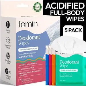 Acidified Deodorant Wipes for Women & Men - 5 Count Variety Pack | Individually Wrapped Mini Deodorant Wipes, Travel Size - Plastic-Free, pH Balanced Underarm & Body Wipes - Fits Any Bag Acidified Deodorant Wipes for Women & Men - 5 Count Variety Pack | Individually Wrapped Mini Deodorant Wipes, Travel Size - Plastic-Free, pH Balanced Underarm & Body Wipes - Fits Any Bag