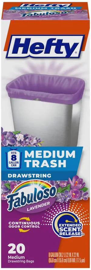 8 Gallon Medium Trash Bags, Purple, Fabuloso Lavender Scent, 20ct | Drawstring Closure, 8G Medium Purple Trash Bags for Bathrooms, Bedrooms, Home Offices, Scented, Continuous Odor Control 8 Gallon Medium Trash Bags, Purple, Fabuloso Lavender Scent, 20ct | Drawstring Closure, 8G Medium Purple Trash Bags for Bathrooms, Bedrooms, Home Offices, Scented, Continuous Odor Control