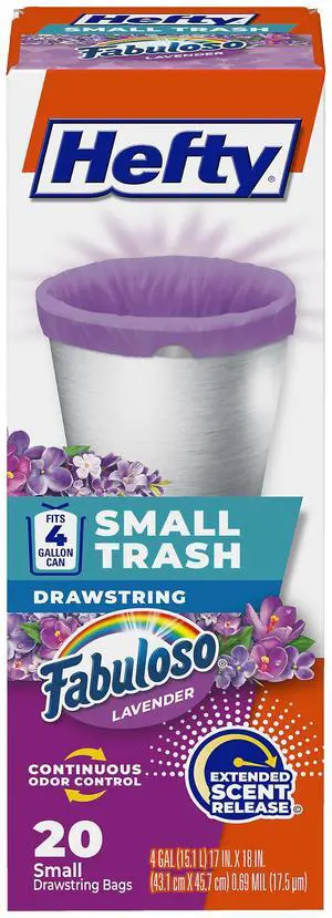 4 Gallon Small Trash Bags, Purple, Fabuloso Lavender Scent, 20ct | Drawstring Closure, 4G Small Purple Trash Bags for Bathrooms, Dorm Rooms, Home Offices, Scented, Continuous Odor Control 4 Gallon Small Trash Bags, Purple, Fabuloso Lavender Scent, 20ct | Drawstring Closure, 4G Small Purple Trash Bags for Bathrooms, Dorm Rooms, Home Offices, Scented, Continuous Odor Control