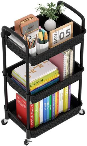 3-Tier Plastic Rolling Utility Cart with Handle,Black Utility Storage Cart for Office, Living Room, Kitchen,Movable Storage OrganizerEasy installationRattan-like art design 3-Tier Plastic Rolling Utility Cart with Handle,Black Utility Storage Cart for Office, Living Room, Kitchen,Movable Storage OrganizerEasy installationRattan-like art design
