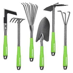 6-Piece Garden Tool Set | Heavy Duty Gardening Hand Tools with Soft Rubber Handle, Including Trowel, Rakes, 2-in-1 Hoe and Crack Weeder 6-Piece Garden Tool Set | Heavy Duty Gardening Hand Tools with Soft Rubber Handle, Including Trowel, Rakes, 2-in-1 Hoe and Crack Weeder