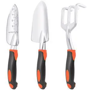 Garden Tools Set, 3 Pack Heavy Duty Gardening Tools Set Include Garden Shovel, Transplant Trowel and Hand Rake with Ergonomic Handle, Aluminum Alloy Lawn for Planting, Orange Garden Tools Set, 3 Pack Heavy Duty Gardening Tools Set Include Garden Shovel, Transplant Trowel and Hand Rake with Ergonomic Handle, Aluminum Alloy Lawn for Planting, Orange