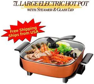 Large Electric Hot Pot, 7L Electric Skillet with Steamer and Glass Lid, 1350W Nonstick Square Multi Cooker for Family Meals, Soup, Stew and Shabu Shabu, Aenaeder Large Electric Hot Pot, 7L Electric Skillet with Steamer and Glass Lid, 1350W Nonstick Square Multi Cooker for Family Meals, Soup, Stew and Shabu Shabu, Aenaeder