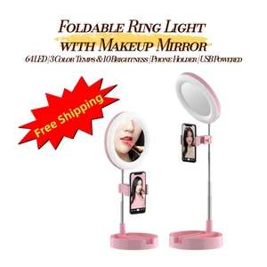 Foldable Desk Ring Light with Makeup Mirror & Phone Holder, 64 LED, 3 Color Modes, 10 Brightness Levels, USB Powered, Adjustable 38-58cm Stand, Pink, LEHOGAI Foldable Desk Ring Light with Makeup Mirror & Phone Holder, 64 LED, 3 Color Modes, 10 Brightness Levels, USB Powered, Adjustable 38-58cm Stand, Pink, LEHOGAI