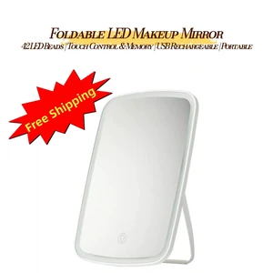 Rechargeable LED Makeup Mirror, 3 Color Lights, Stepless Dimming & Memory Function, Foldable Tabletop Vanity Mirror with Touch Control, 2400mAh Battery, White, LEHOGAI Rechargeable LED Makeup Mirror, 3 Color Lights, Stepless Dimming & Memory Function, Foldable Tabletop Vanity Mirror with Touch Control, 2400mAh Battery, White, LEHOGAI