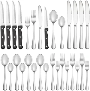 24 Pcs Silverware Set with Steak Knives for 4, Stainless Steel Flatware Set, Mirror Polished Cutlery Utensil Sets, Home Kitchen Eating Tableware, Dishwasher Safe 24 Pcs Silverware Set with Steak Knives for 4, Stainless Steel Flatware Set, Mirror Polished Cutlery Utensil Sets, Home Kitchen Eating Tableware, Dishwasher Safe