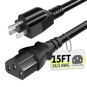 Universal 15ft(4.5m) Power Cord, 3-Prong Pure Copper ETL, Black Universal 15ft(4.5m) Power Cord, 3-Prong Pure Copper ETL, Black
