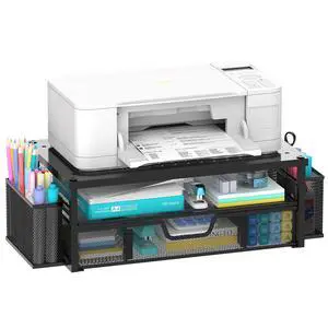 Printer Stand for Desk with Storage, 2-Tier Metal Monitor Stand Riser with Drawer and 2 Pen Holders, Multifunctional Desktop Organizer for Home Office Desk Accessories, Black Printer Stand for Desk with Storage, 2-Tier Metal Monitor Stand Riser with Drawer and 2 Pen Holders, Multifunctional Desktop Organizer for Home Office Desk Accessories, Black