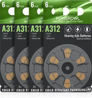 POWEROWL 24 Count Hearing Aid Batteries Size 312, High Capacity Cell, Long Lasting 312A battery POWEROWL 24 Count Hearing Aid Batteries Size 312, High Capacity Cell, Long Lasting 312A battery