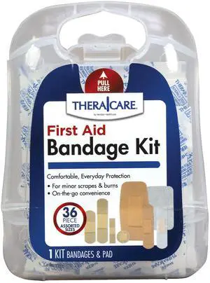 TheraCare First Aid Bandage Kit | Assorted, 36 Count | Sterile Wound Dressing with Non-Stick Pad TheraCare First Aid Bandage Kit | Assorted, 36 Count | Sterile Wound Dressing with Non-Stick Pad
