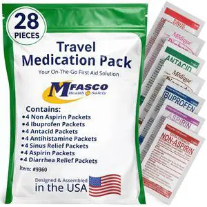 MFASCO - 7 in 1 - Travel Size Medicine Kit - TSA Approved | 28 First Aid Emergency OTC Medicine Packets for Cruise & International Travel | Compact Med Refill for Traveling & Office Assembled in USA MFASCO - 7 in 1 - Travel Size Medicine Kit - TSA Approved | 28 First Aid Emergency OTC Medicine Packets for Cruise & International Travel | Compact Med Refill for Traveling & Office Assembled in USA