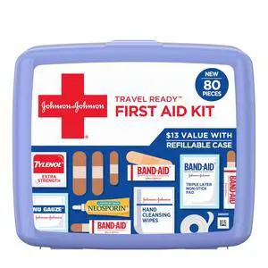 BAND-AID Brand Travel Ready Portable Emergency First Aid Kit, Minor Wound Care, Perfect for Home, Car, Camping, Travel & Outdoor Essentials, Supplies Include Bandages, Neosporin & Tylenol, 80 Piece BAND-AID Brand Travel Ready Portable Emergency First Aid Kit, Minor Wound Care, Perfect for Home, Car, Camping, Travel & Outdoor Essentials, Supplies Include Bandages, Neosporin & Tylenol, 80 Piece