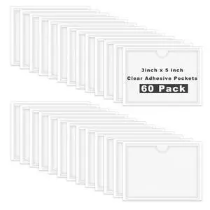60 Pack 3 X 5 Inches Adhesive Index Card Pockets, Clear Self Adhesive Label Pockets Label Holders Card Holder Shelf Label Holder for Organizing, Storage Bins (3.7 x 5.3 inches) 60 Pack 3 X 5 Inches Adhesive Index Card Pockets, Clear Self Adhesive Label Pockets Label Holders Card Holder Shelf Label Holder for Organizing, Storage Bins (3.7 x 5.3 inches)
