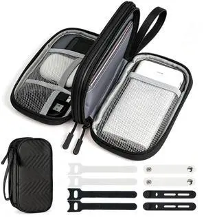 Woyinger Double Layer PU Leather Electronics Organizer Bag, Midnight Black Woyinger Double Layer PU Leather Electronics Organizer Bag, Midnight Black