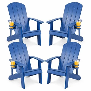HDPE Adirondack Chairs Set of 4, Weather Resistant Patio Chair with Cup Holder, Wooden Textured, Fire Pit Chair for Deck Lawn Backyard & Poolside, Blue HDPE Adirondack Chairs Set of 4, Weather Resistant Patio Chair with Cup Holder, Wooden Textured, Fire Pit Chair for Deck Lawn Backyard & Poolside, Blue
