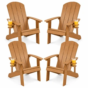 HDPE Adirondack Chairs Set of 4, Weather Resistant Patio Chair with Cup Holder, Wooden Textured, Fire Pit Chair for Deck Lawn Backyard & Poolside, Teak HDPE Adirondack Chairs Set of 4, Weather Resistant Patio Chair with Cup Holder, Wooden Textured, Fire Pit Chair for Deck Lawn Backyard & Poolside, Teak
