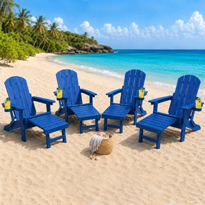 Adjustable Folding Adirondack Chair with Footrest Set of 4, HDPE All-Weather Outdoor Chair with Cup Holders & Phone Slot, Heavy Duty Patio Fire Pit Chair Supports 400 lbs, Blue Adjustable Folding Adirondack Chair with Footrest Set of 4, HDPE All-Weather Outdoor Chair with Cup Holders & Phone Slot, Heavy Duty Patio Fire Pit Chair Supports 400 lbs, Blue