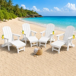 Folding Adjustable Adirondack Chairs with Footrest Set of 4, HDPE Adirondack Chair with Ottoman, Cup Holders & Phone Slot, All-Weather Fire Pit Chair for Patio Porch Deck Garden, White Folding Adjustable Adirondack Chairs with Footrest Set of 4, HDPE Adirondack Chair with Ottoman, Cup Holders & Phone Slot, All-Weather Fire Pit Chair for Patio Porch Deck Garden, White