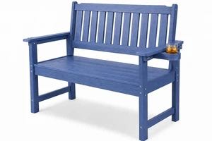 HDPE Outdoor Bench, Weatherproof Garden Bench with Cup Holders, 700 LBS Weight Capacity, 2 Person Seat for Porch Patio Backyard Park, Blue HDPE Outdoor Bench, Weatherproof Garden Bench with Cup Holders, 700 LBS Weight Capacity, 2 Person Seat for Porch Patio Backyard Park, Blue