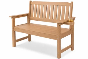 HDPE Outdoor Bench, Weatherproof Garden Bench with Cup Holders, 700 LBS Weight Capacity, 2 Person Seat for Porch Patio Backyard Park, Teak HDPE Outdoor Bench, Weatherproof Garden Bench with Cup Holders, 700 LBS Weight Capacity, 2 Person Seat for Porch Patio Backyard Park, Teak
