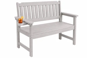 HDPE Outdoor Bench, Weatherproof Garden Bench with Cup Holders, 700 LBS Weight Capacity, 2 Person Seat for Porch Patio Backyard Park, Light Grey HDPE Outdoor Bench, Weatherproof Garden Bench with Cup Holders, 700 LBS Weight Capacity, 2 Person Seat for Porch Patio Backyard Park, Light Grey