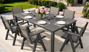 HDPE Patio Dining Set, 7 Pcs Outdoor Dining Set with 1 Aluminum Dining Table & 6 Textilene Chairs, 69" Outdoor Table with Umbrella Hole for Deck, Lawn, Charcoal Grey HDPE Patio Dining Set, 7 Pcs Outdoor Dining Set with 1 Aluminum Dining Table & 6 Textilene Chairs, 69" Outdoor Table with Umbrella Hole for Deck, Lawn, Charcoal Grey