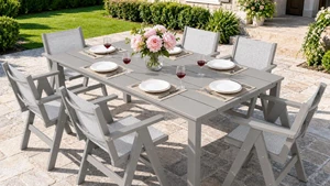 Outdoor Dining Table Set, 7 Piece HDPE Patio Set with Aluminum Dining Table & 6 Textilene Chairs, 69" Outdoor Table with Umbrella Hole for Deck, Lawn, Light Grey Outdoor Dining Table Set, 7 Piece HDPE Patio Set with Aluminum Dining Table & 6 Textilene Chairs, 69" Outdoor Table with Umbrella Hole for Deck, Lawn, Light Grey