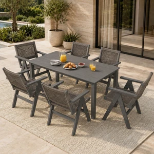 7-Piece Outdoor Dining Set, HDPE Patio Furniture Set for All-Weather, Patio Table and 6 Handwoven Rattan Chairs with Umbrella Hole, Ideal for Garden, Backyard, Poolside, Charcoal Grey 7-Piece Outdoor Dining Set, HDPE Patio Furniture Set for All-Weather, Patio Table and 6 Handwoven Rattan Chairs with Umbrella Hole, Ideal for Garden, Backyard, Poolside, Charcoal Grey