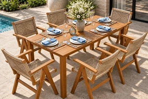 7 Pieces Outdoor Dining Set, Patio Table and Chairs Set, 6 Handwoven Rattan Chair, Aluminum Frame HDPE Dining Table with Umbrella Hole, Built to Last for Garden, Lawn, Poolside, Teak 7 Pieces Outdoor Dining Set, Patio Table and Chairs Set, 6 Handwoven Rattan Chair, Aluminum Frame HDPE Dining Table with Umbrella Hole, Built to Last for Garden, Lawn, Poolside, Teak