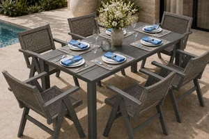 7-Piece Outdoor Dining Set, HDPE Patio Furniture Set for All-Weather, Patio Table and 6 Handwoven Rattan Chairs with Umbrella Hole, Ideal for Garden, Backyard, Poolside, Charcoal Grey 7-Piece Outdoor Dining Set, HDPE Patio Furniture Set for All-Weather, Patio Table and 6 Handwoven Rattan Chairs with Umbrella Hole, Ideal for Garden, Backyard, Poolside, Charcoal Grey