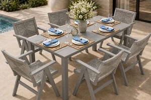 Outdoor Dining Set for 6, Handwoven Rattan Chair, All-weather Resistant, Wood Grain, Aluminum Frame HDPE Dining Table with Umbrella Hole, Low Maintenance for Garden, Poolside, Light Grey Outdoor Dining Set for 6, Handwoven Rattan Chair, All-weather Resistant, Wood Grain, Aluminum Frame HDPE Dining Table with Umbrella Hole, Low Maintenance for Garden, Poolside, Light Grey