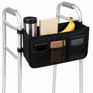 QXWPBV Walker Basket for Folding Walkers, Walker Bag Organizer with Cup Holder, Large Main Compartment and 3 Front Mesh Pockets, Black QXWPBV Walker Basket for Folding Walkers, Walker Bag Organizer with Cup Holder, Large Main Compartment and 3 Front Mesh Pockets, Black