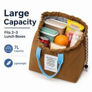 QXWPBV Insulated Lunch Bag, Drawstring Bento Lunch Tote with Thermal Lining and Inner Mesh Pocket for Work, Office, Picnic and Travel, Brown QXWPBV Insulated Lunch Bag, Drawstring Bento Lunch Tote with Thermal Lining and Inner Mesh Pocket for Work, Office, Picnic and Travel, Brown