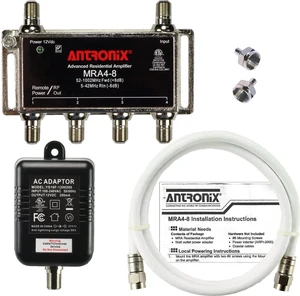 4-Port Cable TV/Antenna/HDTV/Internet Digital Signal Amplifier/Booster/Splitter with Passive Return, Coax Cable, F59 Terminators (Antronix MRA4-8) 4-Port Cable TV/Antenna/HDTV/Internet Digital Signal Amplifier/Booster/Splitter with Passive Return, Coax Cable, F59 Terminators (Antronix MRA4-8)