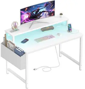 Small White Desk with LED Lights and Power Outlets, 32 Inch Home Office Computer Desks with Monitor Stand, Teen Writing Study Table Gaming Desk with Charging Station, White Small White Desk with LED Lights and Power Outlets, 32 Inch Home Office Computer Desks with Monitor Stand, Teen Writing Study Table Gaming Desk with Charging Station, White