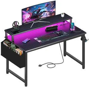 Gaming Desk with Power Outlets and LED Lights, 40 Inch Gamer Desk Table with Charging Station, Home Office Computer Desks with Monitor, Black Gaming Desk with Power Outlets and LED Lights, 40 Inch Gamer Desk Table with Charging Station, Home Office Computer Desks with Monitor, Black