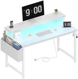 White Computer Desk with LED Lights and Power Outlets, 40 Inch Home Office Desks with Monitor Stand, Teen Writing Study Table Gaming Desk with Charging Station, White White Computer Desk with LED Lights and Power Outlets, 40 Inch Home Office Desks with Monitor Stand, Teen Writing Study Table Gaming Desk with Charging Station, White
