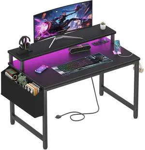 Small Desk with Power Outlets and LED Lights, 32 Inch Teen Writing Study Table Home Office Computer Desks with Monitor Stand, Gaming Desk with Charging Station, Black Small Desk with Power Outlets and LED Lights, 32 Inch Teen Writing Study Table Home Office Computer Desks with Monitor Stand, Gaming Desk with Charging Station, Black
