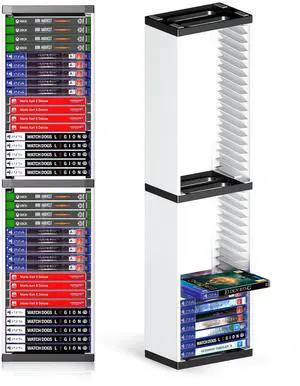 Video Game Storage Stand Tower for PS5/ PS4/ PS3/ Xbox Series S & X/Xbox one Game, Universal Game Disc Holder Vertical Blu Ray Case Organizer (White) Video Game Storage Stand Tower for PS5/ PS4/ PS3/ Xbox Series S & X/Xbox one Game, Universal Game Disc Holder Vertical Blu Ray Case Organizer (White)
