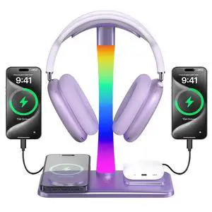 Headphone Stand with Wireless Charger,Gaming Headset stand with RGB Light,For Airpod Max Stand Compatible with Airpod Pro/3/2,For iPhone 17/16/15/14/13/12/11,Gifts for Gamers & Music Lover (Purple) Headphone Stand with Wireless Charger,Gaming Headset stand with RGB Light,For Airpod Max Stand Compatible with Airpod Pro/3/2,For iPhone 17/16/15/14/13/12/11,Gifts for Gamers & Music Lover (Purple)