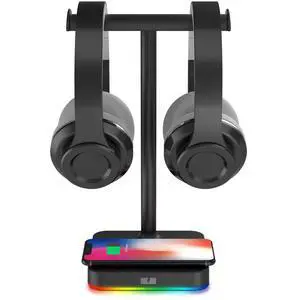 RGB Dual Headphone Stand with Wireless Charger Desk Gaming Double Headset Holder Hanger Rack with 10W/7.5W QI Charging Pad - Suitable for Gamer Desktop Table Game Earphone RGB Dual Headphone Stand with Wireless Charger Desk Gaming Double Headset Holder Hanger Rack with 10W/7.5W QI Charging Pad - Suitable for Gamer Desktop Table Game Earphone