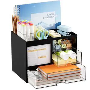 Desk Organizer with 3 Drawer, Multi-Functional Pencil Pen Holder for Desk, Desk Organizers and Accessories with 4 Compartments, Desktop Organizer Storage for Office Home Art Supplies (Black) Desk Organizer with 3 Drawer, Multi-Functional Pencil Pen Holder for Desk, Desk Organizers and Accessories with 4 Compartments, Desktop Organizer Storage for Office Home Art Supplies (Black)