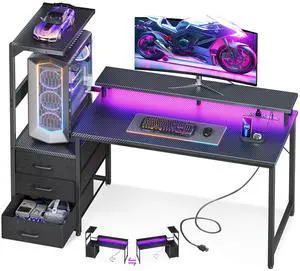 52 Inch Gaming Desk with USB Charging Ports & LED Light- Reversible Computer Desk with Storage Shelves & Monitor Stand, Modern Gamer Desk Table with Fabric Drawers, Black 52 Inch Gaming Desk with USB Charging Ports & LED Light- Reversible Computer Desk with Storage Shelves & Monitor Stand, Modern Gamer Desk Table with Fabric Drawers, Black