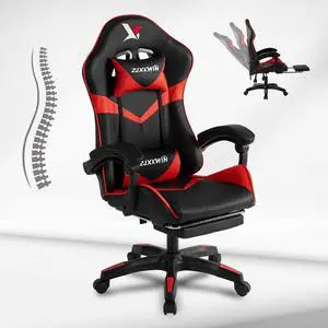 Ergonomic Gaming Chair, High Back PU Leather Office Chair with Footrest, Adjustable Lumbar Support & Headrest, 360° Swivel Computer Chair for Adults, Red & Black Ergonomic Gaming Chair, High Back PU Leather Office Chair with Footrest, Adjustable Lumbar Support & Headrest, 360° Swivel Computer Chair for Adults, Red & Black