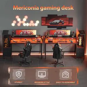 Gaming Desk with Power Outlets & LED Lights, Reversible Computer Desk with PC Case Stand, Fabric Drawers, Modern Office Desk with Shelves, Monitor Stand Gaming Desk with Power Outlets & LED Lights, Reversible Computer Desk with PC Case Stand, Fabric Drawers, Modern Office Desk with Shelves, Monitor Stand